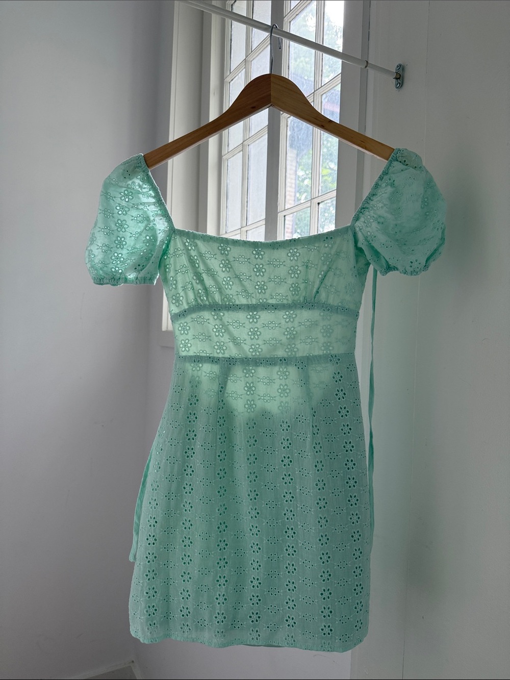 Princess Polly Mint Green Eyelet Puff Sleeve Mini Dress